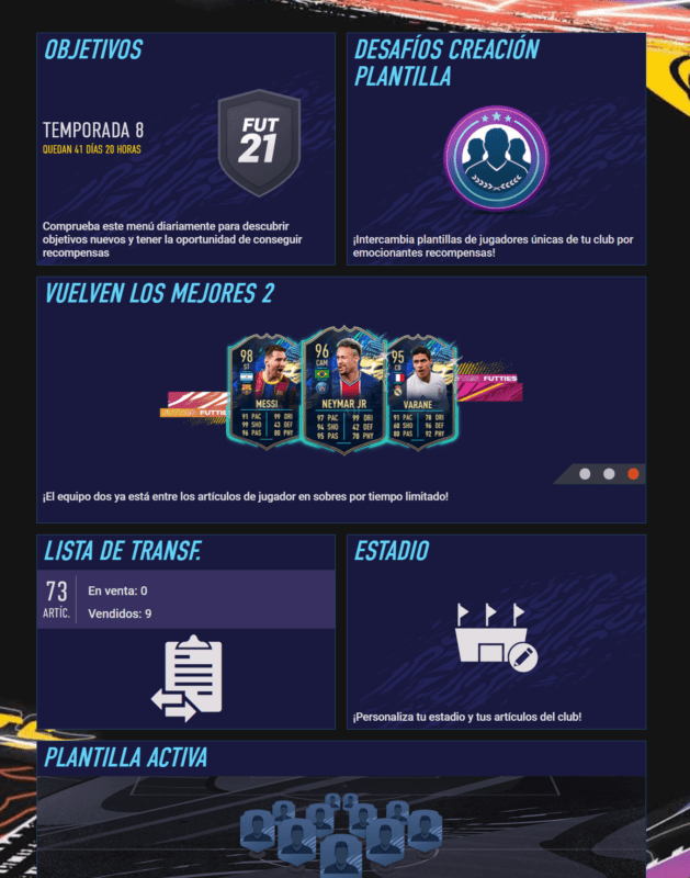 Menú Web App FIFA 21 Ultimate Team
