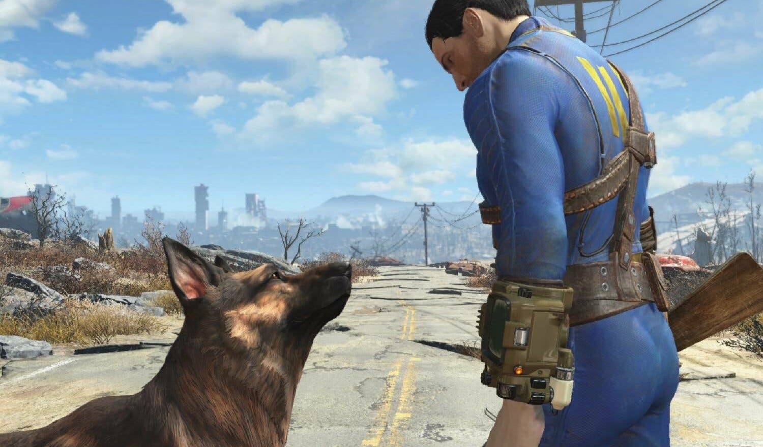 Hombre al lado de un perro en Fallout 4