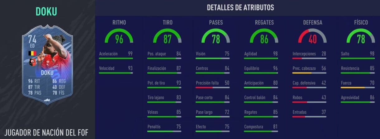 Stats in game de Doku Jugador de Nación. FIFA 21 Ultimate Team