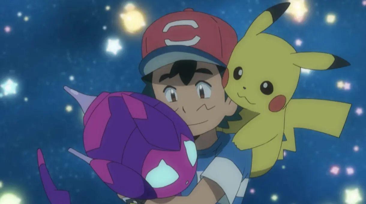 anime de Pokemon Sol y Luna Poipole y Ash triste Minior