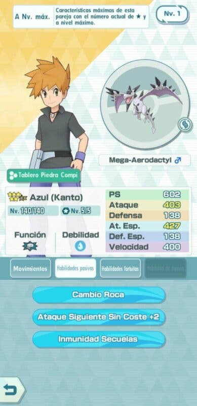 Azul y Aerodactyl Pokemon Masters EX habilidades