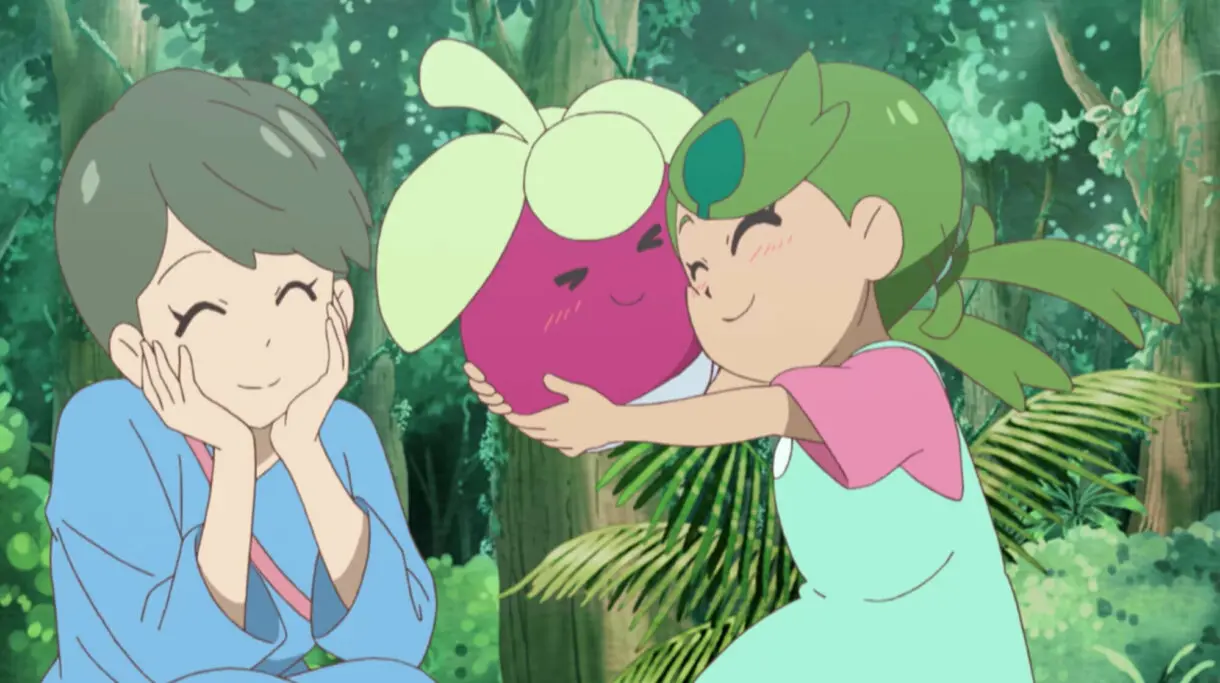 Lulu su madre y Bounsweet anime de Pokemon Sol y Luna