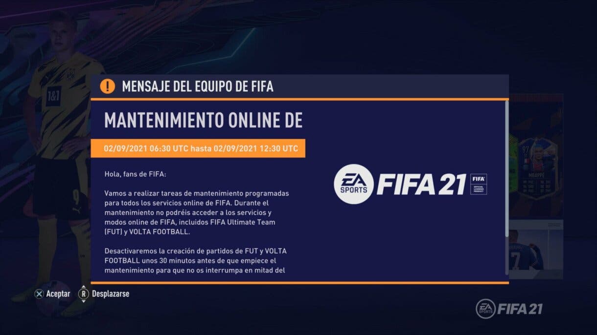 FIFA 21: no podemos jugar partidos de Ultimate Team y VOLTA por mantenimiento hasta esta hora