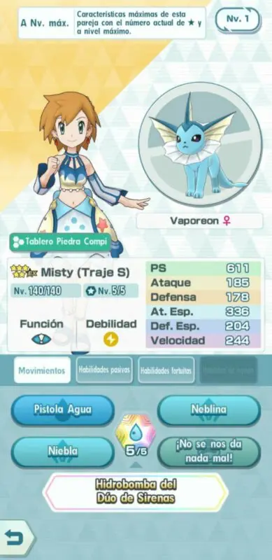 Misty (Traje S) y Vaporeon Pokemon Masters EX