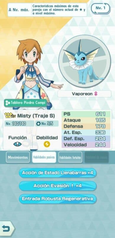 Misty (Traje S) y Vaporeon Pokemon Masters EX habilidades