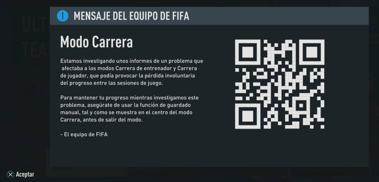 Mensaje EA Sports informando sobre problema al guardar en Modo Carrera de FIFA 22