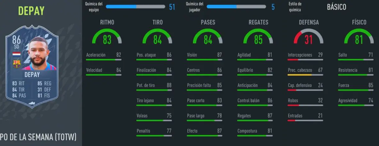 FIFA 22 Ultimate Team Equipo de la Semana TOTW 4 Depay IF stats in game