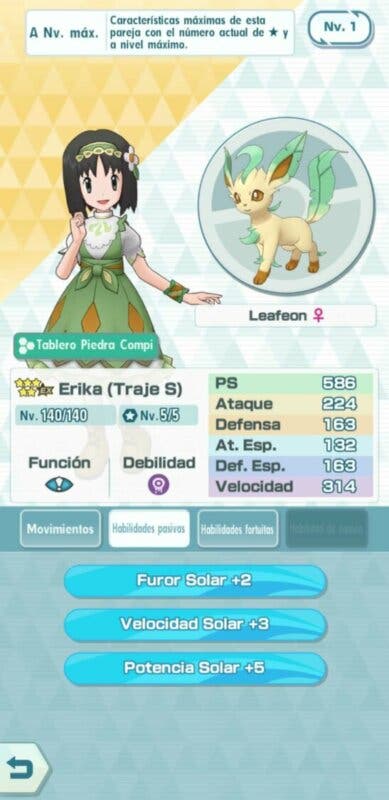 Erika (Traje S) y Leafeon Pokemon Masters EX habilidades