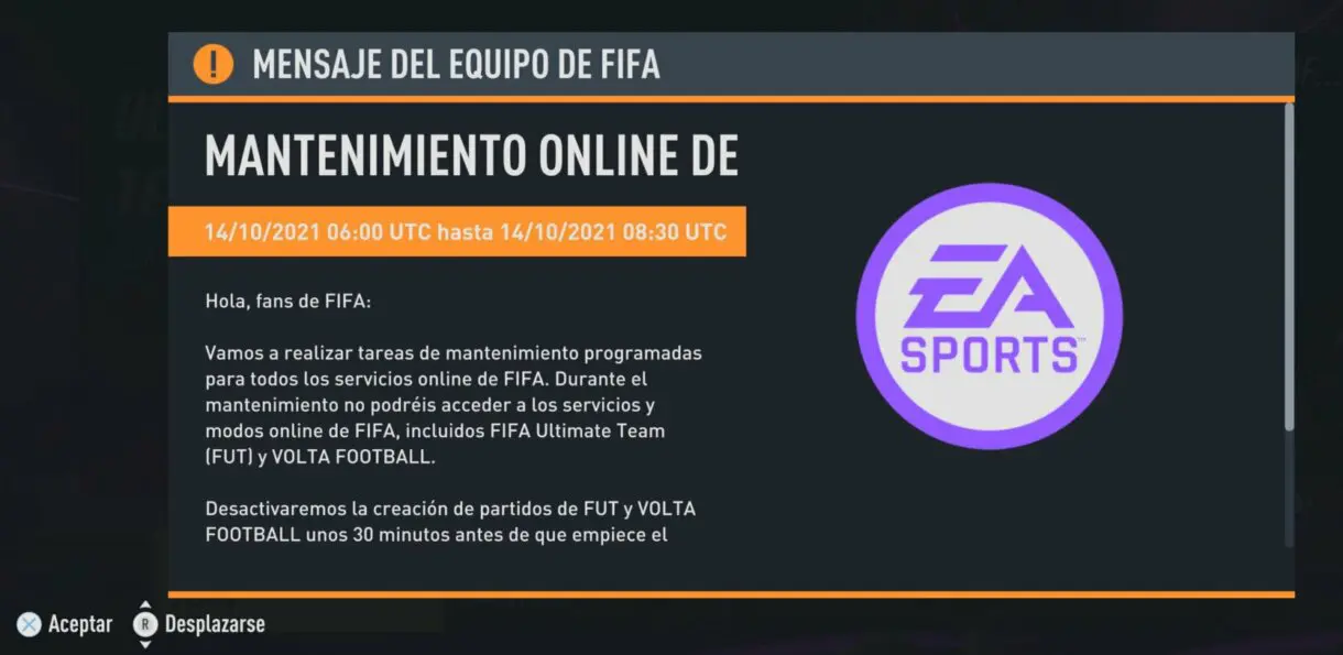 FIFA 22: no podemos jugar partidos de Ultimate Team por tiempo limitado por un nuevo mantenimiento