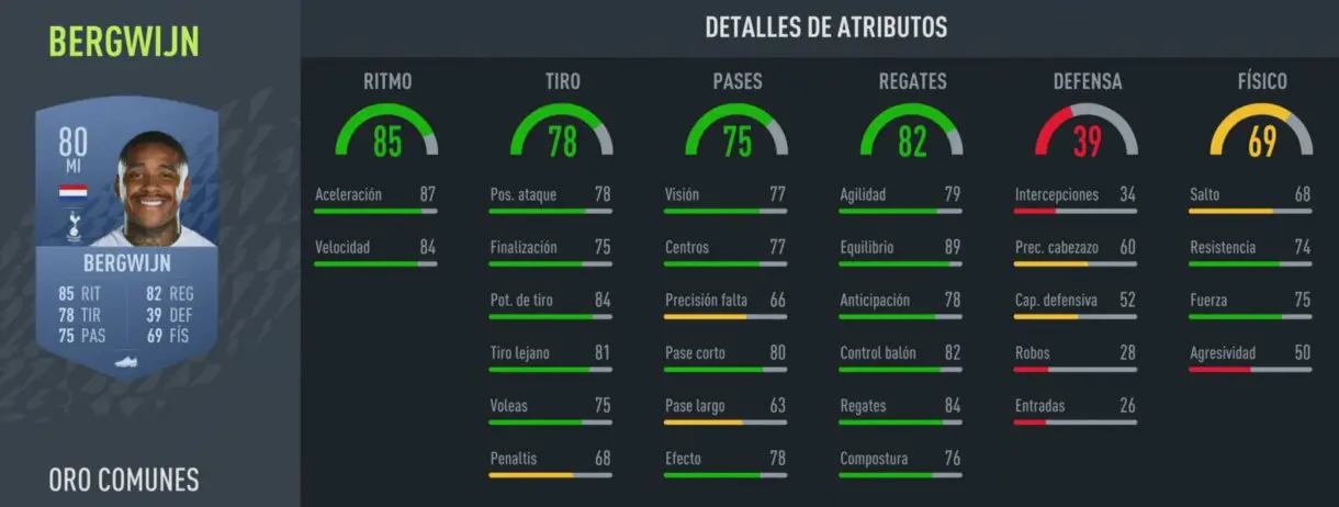Stats in game Bergwijn oro FIFA 22 Ultimate Team