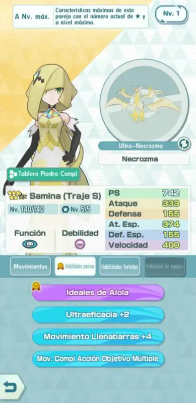 Samina (Traje S) y Necrozma Pokemon Masters EX habilidades