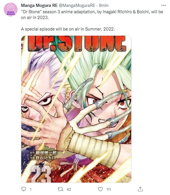 Manga Mogura RE on X: Dr Stone season 3 anime adaptation, by