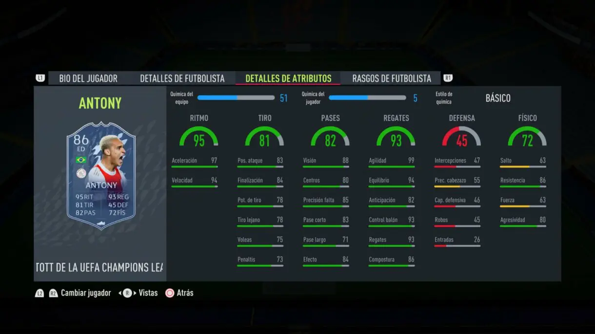 FIFA 22: estos cuatro jugadores se suman al TOTGS de Ultimate Team. Aquí puedes ver sus stats (Team of the Group Stage) Ultimate Team stats in game Antony