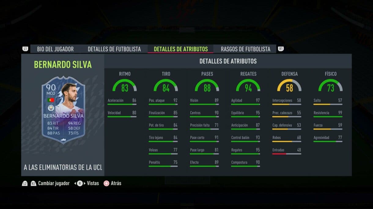 FIFA 22: ya disponibles todos los upgrades de RTTK. Aquí puedes ver las stats de cada uno (Road to the Knockouts) Ultimate Team stats in game Bernardo Silva
