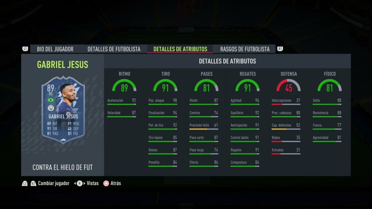 FIFA 22: el equipo FUT Versus de Hielo ya está disponible y aquí puedes ver las diferencias respecto al de Fuego Ultimate Team stats in game Gabriel Jesús