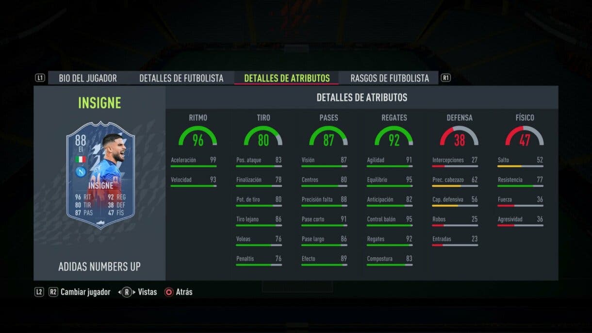 FIFA 22: los Numbers Up mejoran sus estadísticas y aquí puedes ver cómo lucen ahora Ultimate Team stats in game Insigne