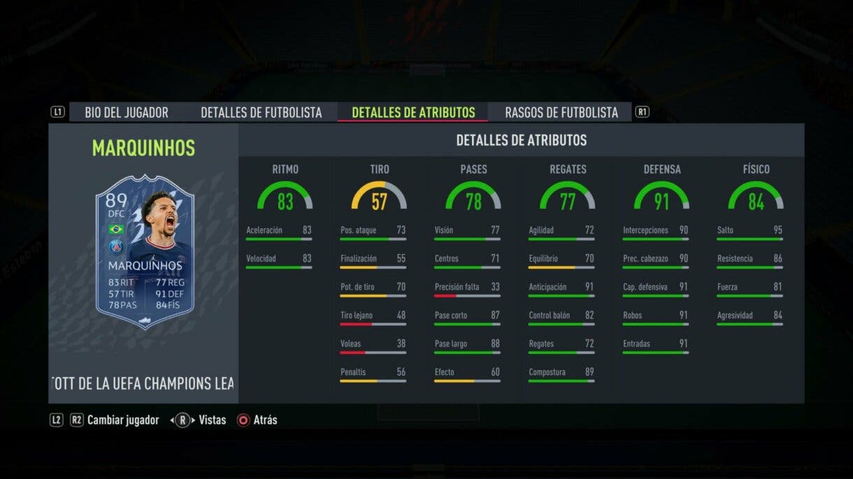 FIFA 22: ¡Oficial! Este es el TOTGS y cuenta con cartas muy interesantes (Team of the Group Stage) Ultimate Team stats in game Marquinhos