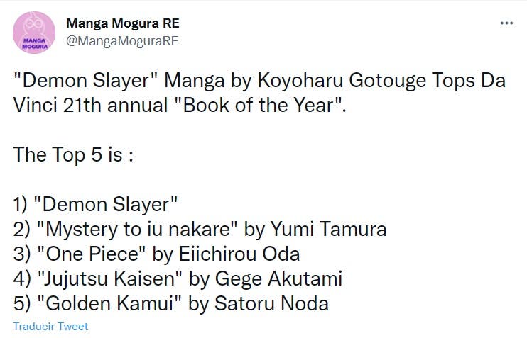 kimetsu no yaiba tuit libro del ano