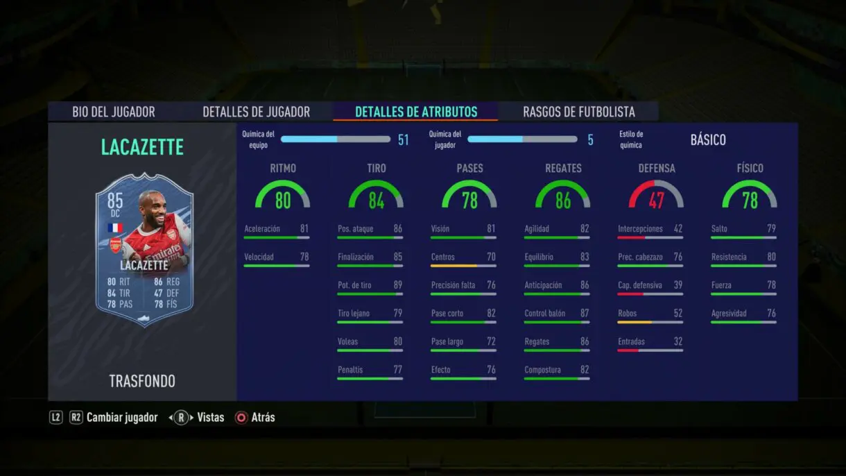 FIFA 21: ya sabemos quiénes son los jugadores recompensa de la primera temporada de Ultimate Team stats in game Lacazette Trasfondo