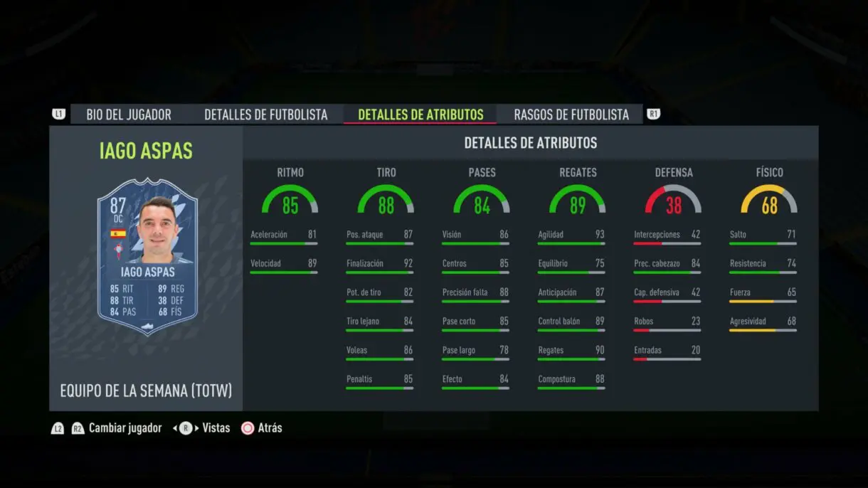 FIFA 22: El TOTW 16 incluye bastantes cartas de la Liga Santander y es liderado por Kanté (Equipo de la Semana) Ultimate Team stats in game Iago Aspas