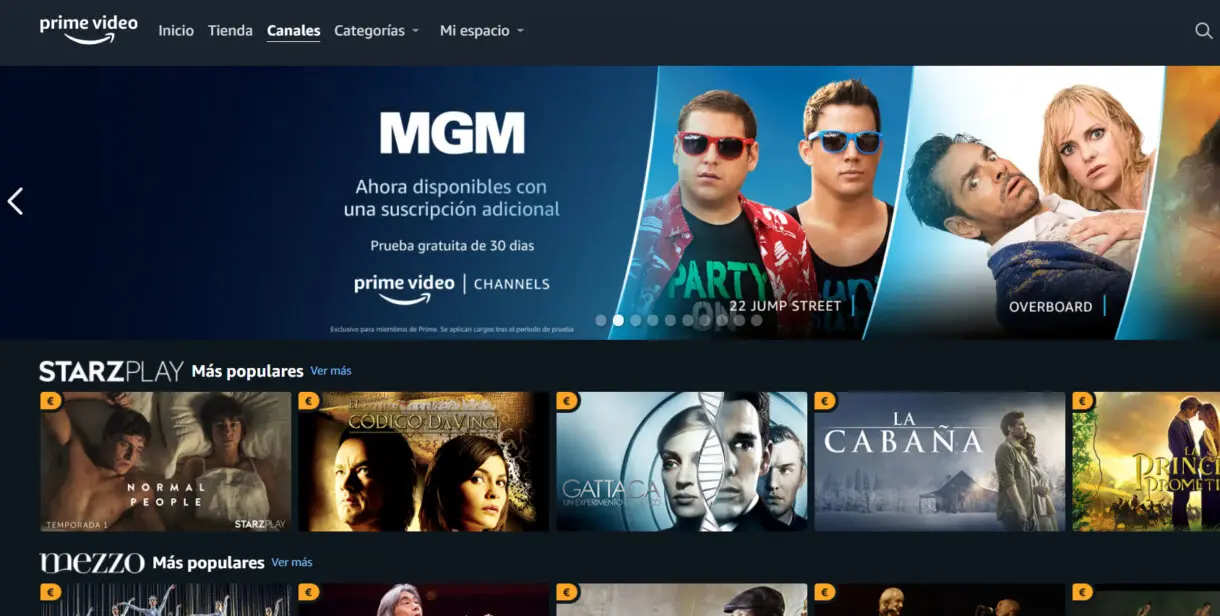 Sección Canales de Amazon Prime Video