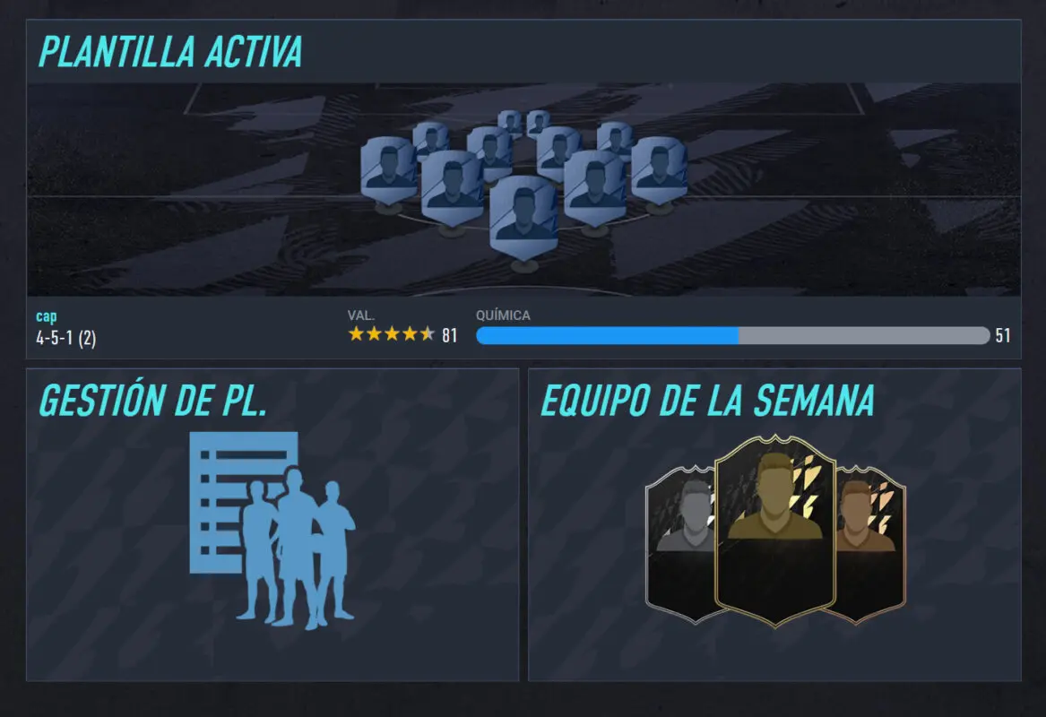 Menú de gestión de plantilla Web App FIFA 22 Ultimate Team