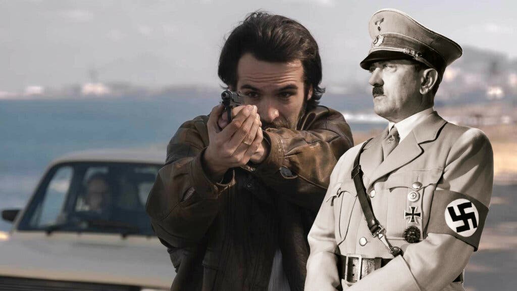 El protagonista de El sustituto junto a un montaje de Hitler (Amazon Prime Video)