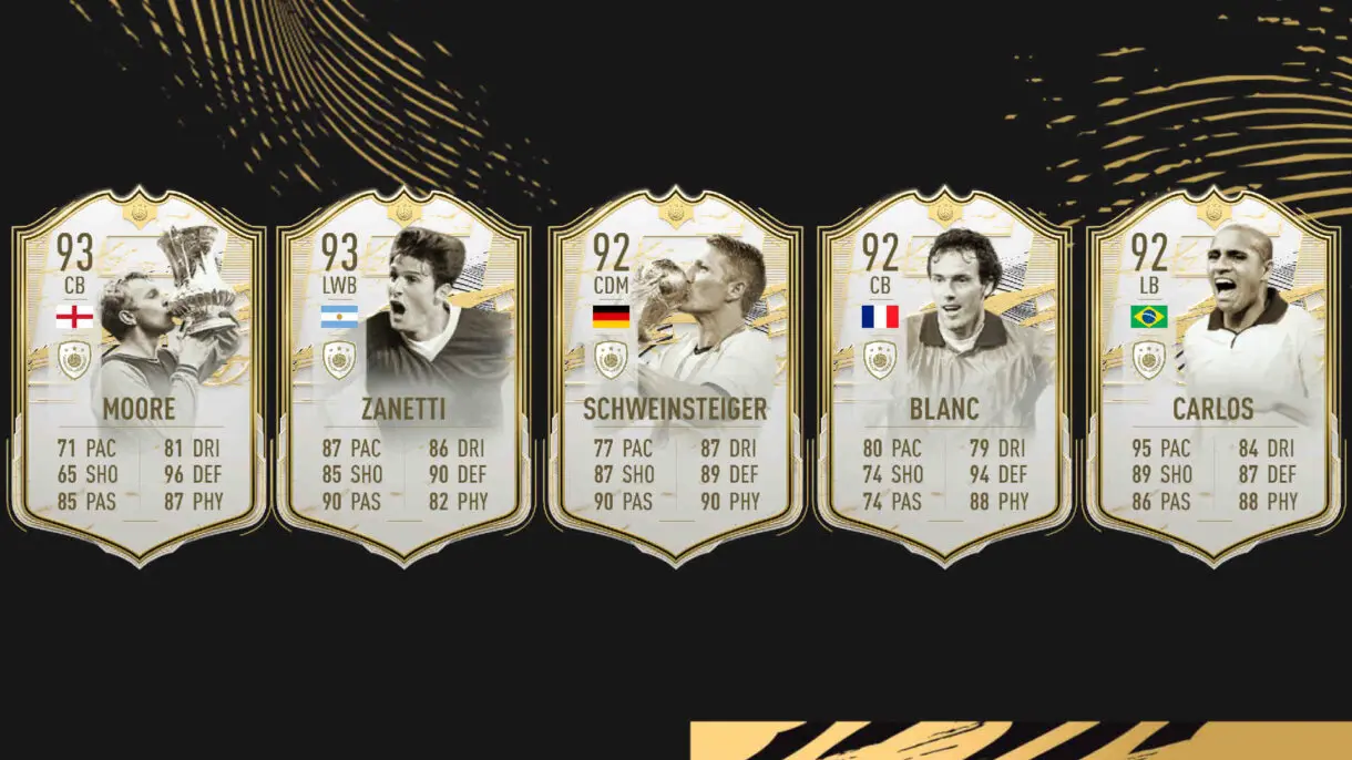 Cartas Icono Moments Moore, Zanetti, Schweinsteiger, Blanc y Roberto Carlos FIFA 21 Ultimate Team