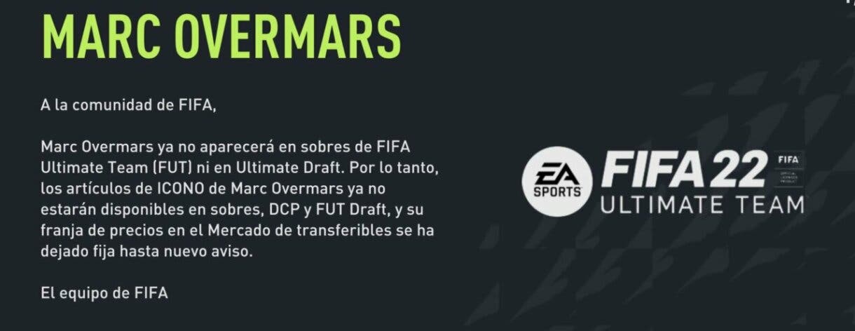 Es oficial. Overmars Icono deja de aparecer en sobres, SBC´s y FUT Drafts de FIFA 22 Ultimate Team mensaje de EA Sports