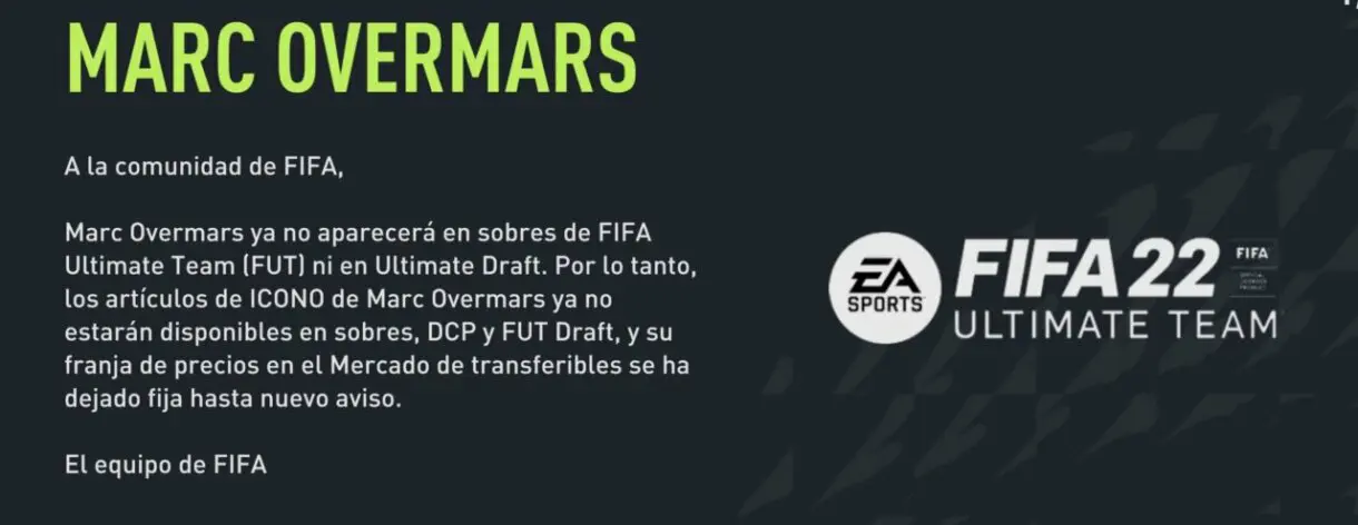 Es oficial. Overmars Icono deja de aparecer en sobres, SBC´s y FUT Drafts de FIFA 22 Ultimate Team mensaje de EA Sports
