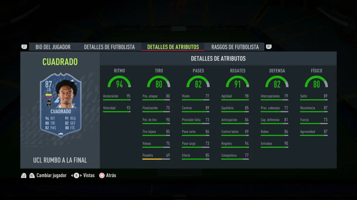 Stats in game Juan Cuadrado RTTF FIFA 22 Ultimate Team