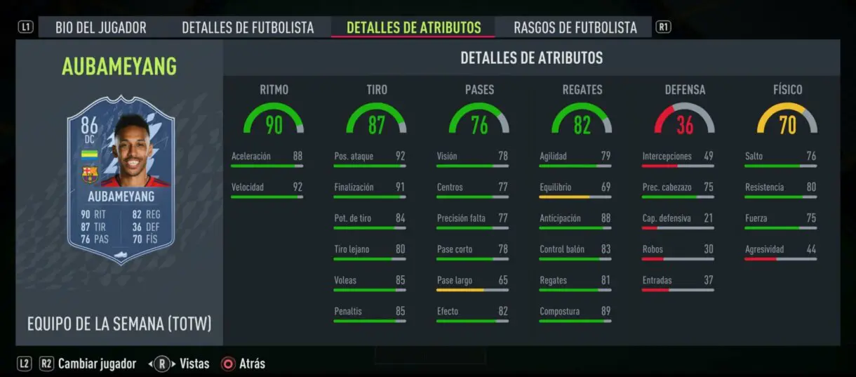Stats in game supuesto Aubameyang IF FIFA 22 Ultimate Team