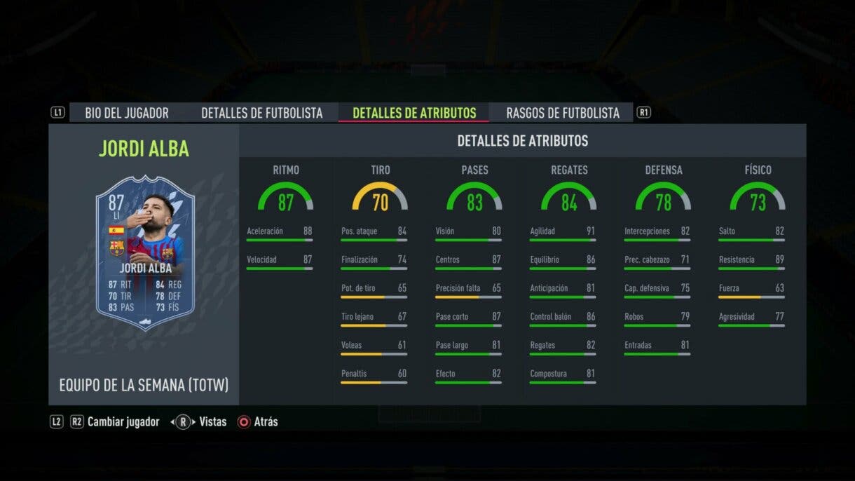 FIFA 22: el TOTW 22 incluye interesantes upgrades de cartas dinámicas Ultimate Team TOTW 25 stats in game de Jordi Alba IF