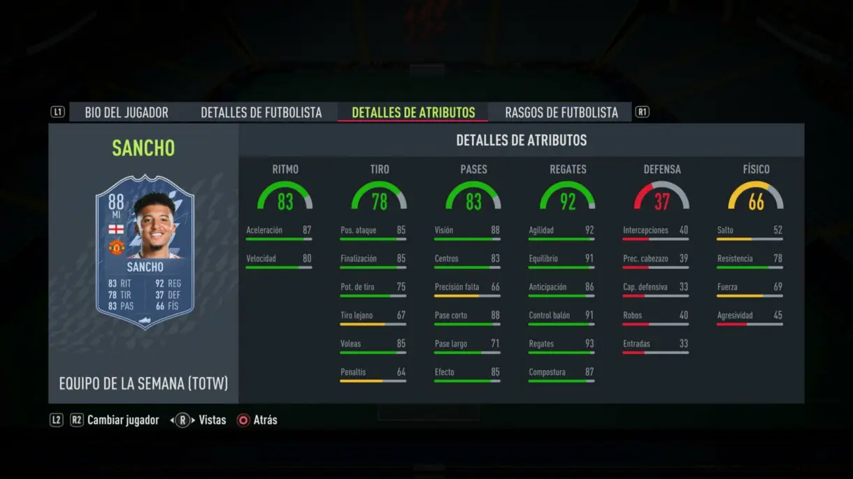 Stats in game Jadon Sancho IF FIFA 22 Ultimate Team
