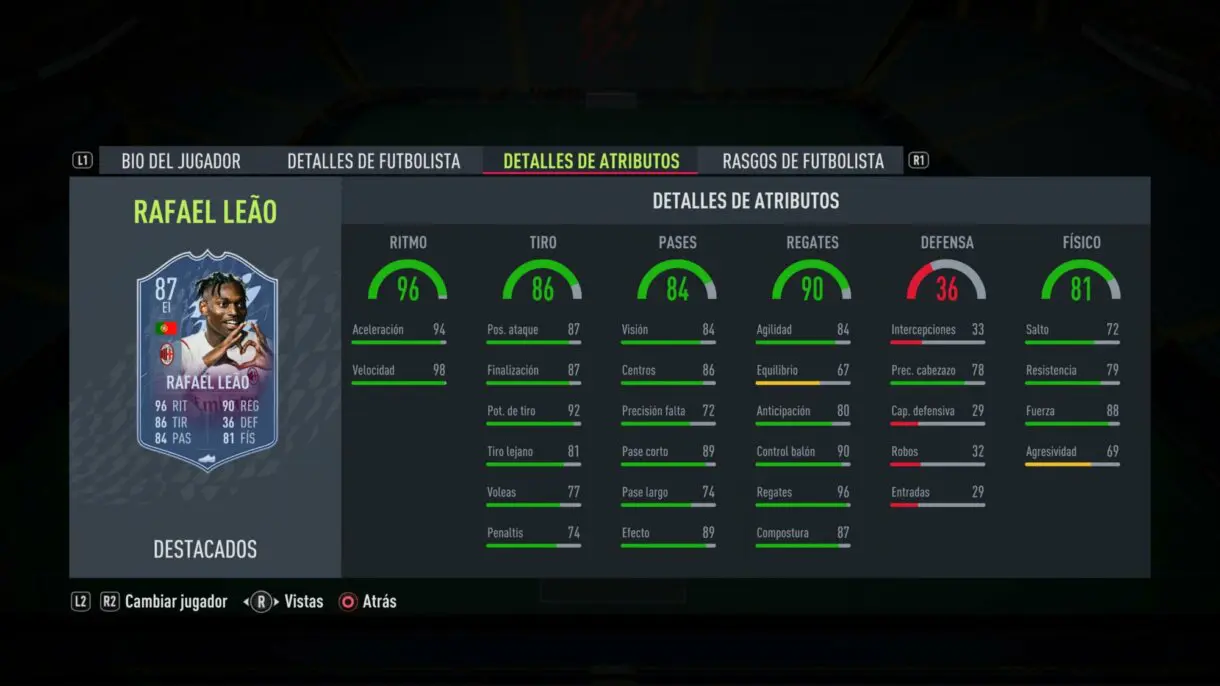 Stats in game Rafael Leao Headliners FIFA 22 Ultimate Team