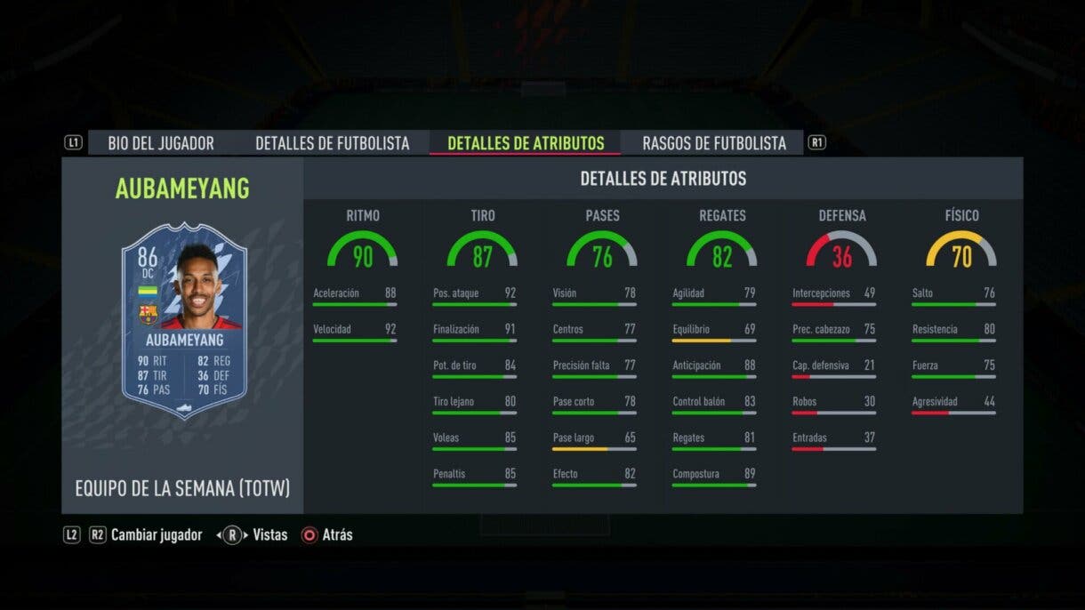 Stats in game Aubameyang IF FIFA 22 Ultimate Team