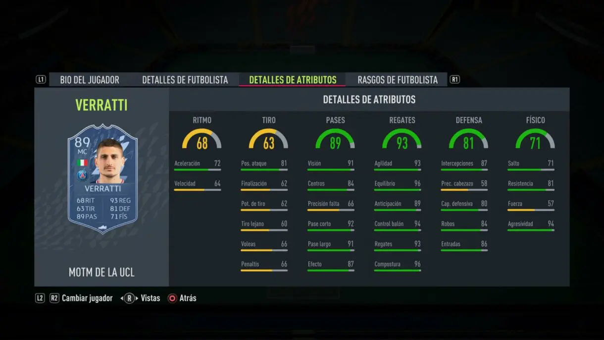 Stats in game Verratti MOTM FIFA 22 Ultimate Team