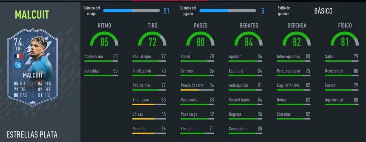 Stats in game Kevin Malcuit Estrella de Plata gratuito FIFA 22 Ultimate Team