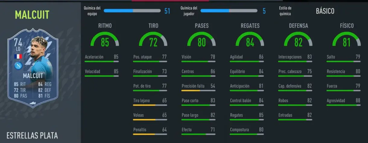 Stats in game Kevin Malcuit Estrella de Plata gratuito FIFA 22 Ultimate Team