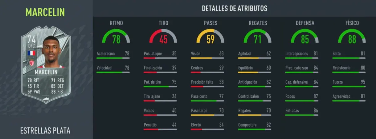 Stats in game de Marcelin Estrella de Plata FIFA 22 Ultimate Team