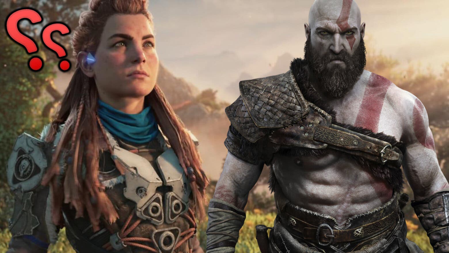 Aloy de Horizon Forbdden West mirando a Kratos