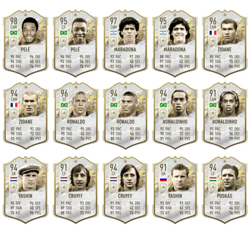 Primera parte cartas que pueden aparecer en el sobre Icono Medio o Prime +91 de Icon Swaps FIFA 22 Ultimate Team