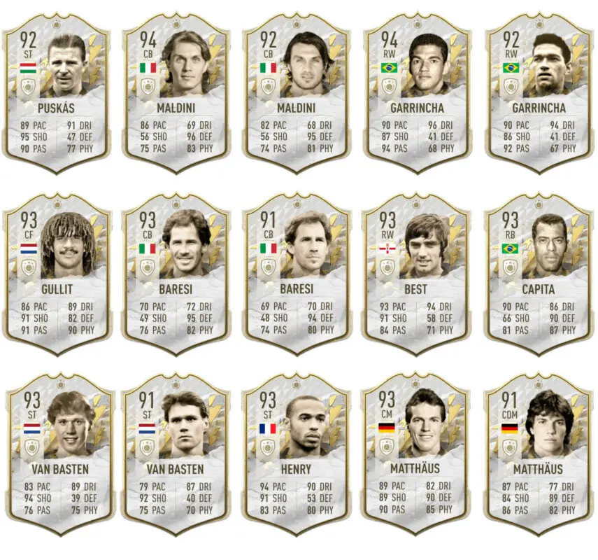 Segunda parte cartas que pueden aparecer en el sobre Icono Medio o Prime +91 de Icon Swaps FIFA 22 Ultimate Team