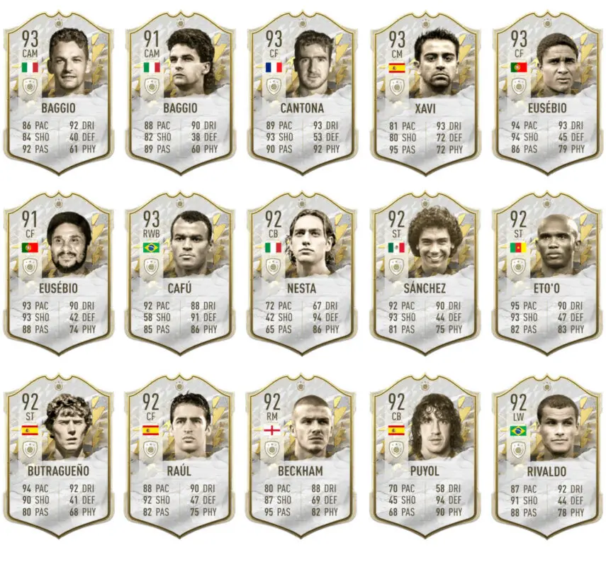 Tercera parte cartas que pueden aparecer en el sobre Icono Medio o Prime +91 de Icon Swaps FIFA 22 Ultimate Team