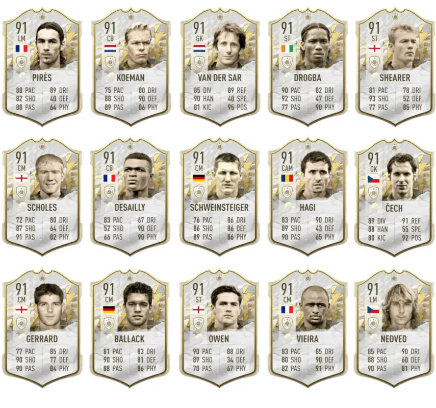 Quinta parte cartas que pueden aparecer en el sobre Icono Medio o Prime +91 de Icon Swaps FIFA 22 Ultimate Team