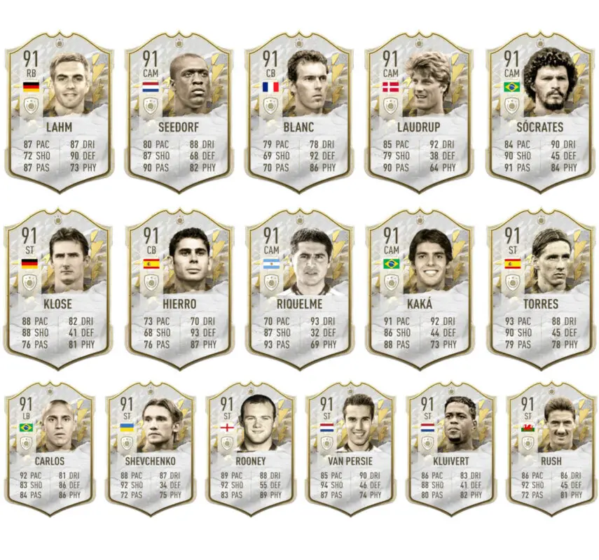 Sexta parte cartas que pueden aparecer en el sobre Icono Medio o Prime +91 de Icon Swaps FIFA 22 Ultimate Team
