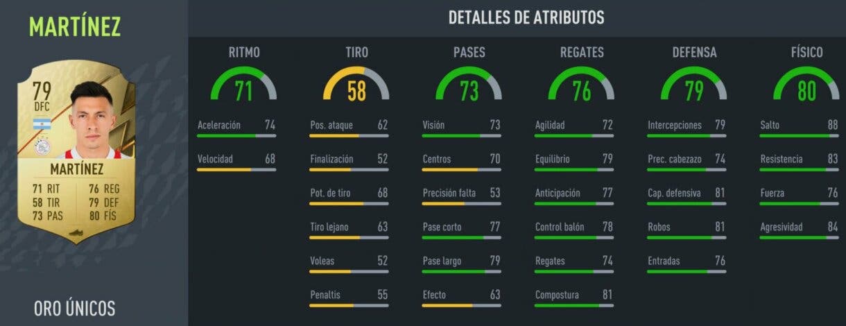 Stats in game Lisandro Martínez oro FIFA 22 Ultimate Team