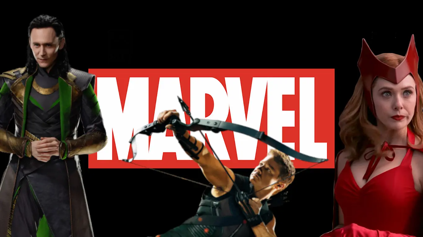 Wanda, Loki y Ojo de Halcón delante del logo de Marvel