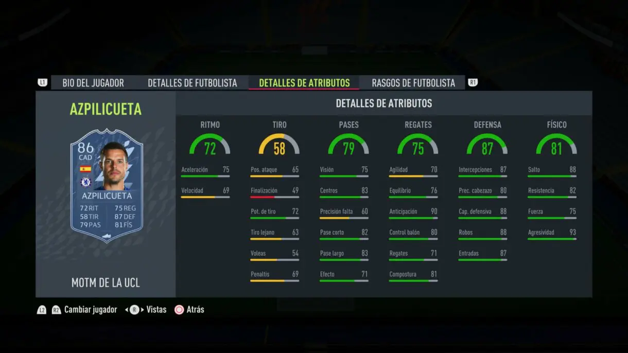 Stats in game Azpilicueta MOTM FIFA 22 Ultimate Team