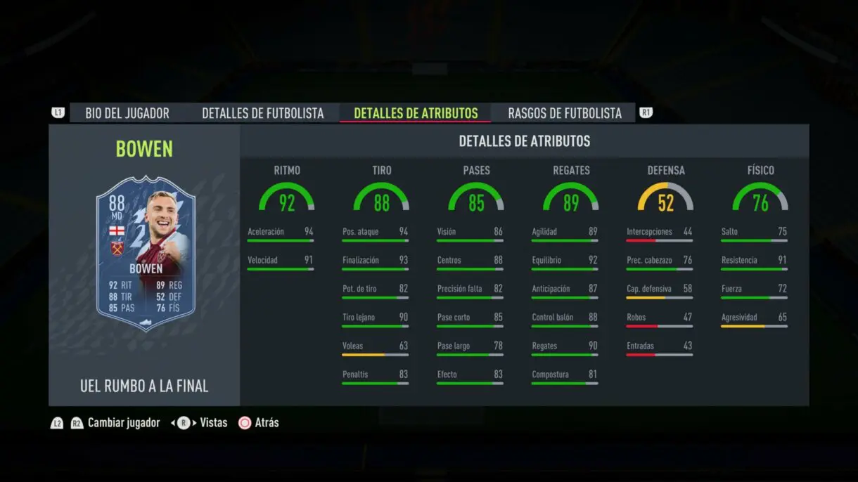 Stats in game Bowen RTTF actualizado 88 FIFA 22 Ultimate Team